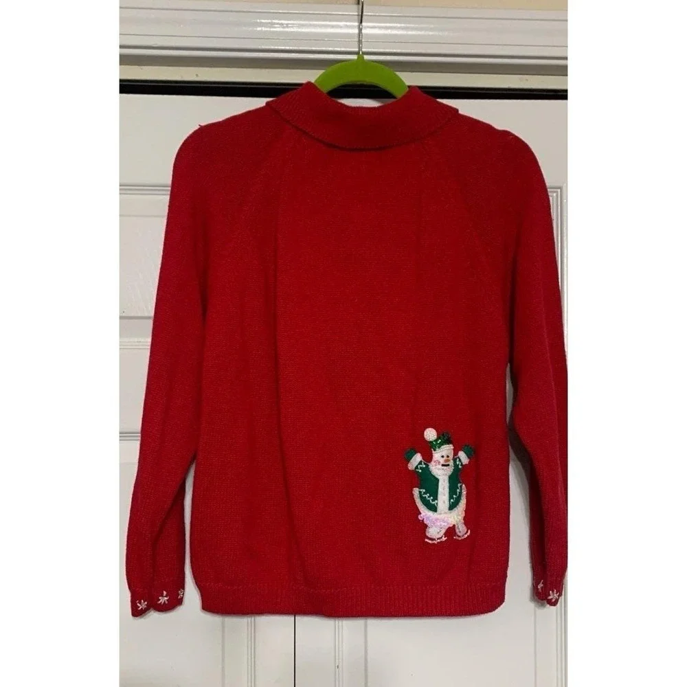 Vintage Tiara International Red Christmas Snowman Zip Up‎ Cardigan Sweater Sz L